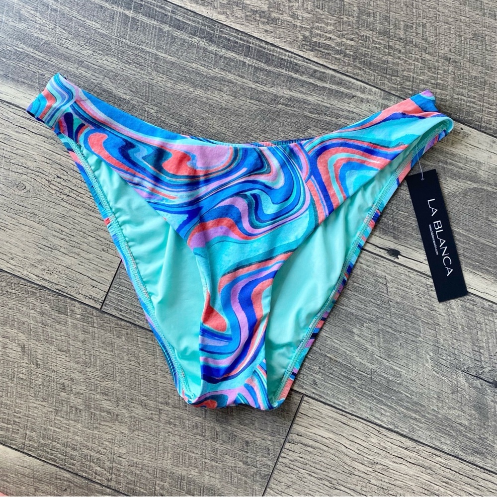 NWT La Blanca Bikini Bottoms Crystal Cove Colorful Swirl Blue Green Size 12